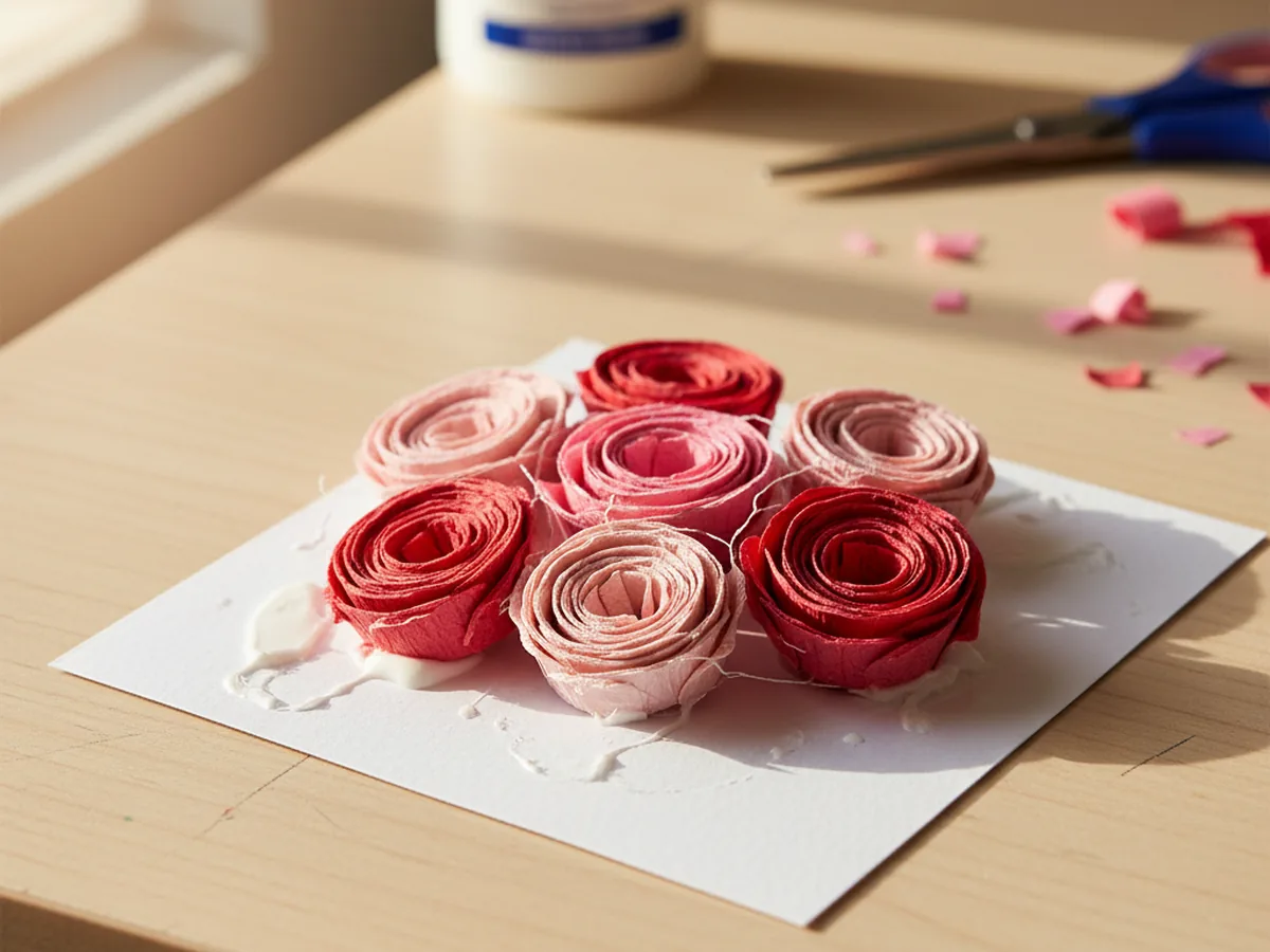 Handmade cluster of small pink and red crepe paper rosette flowers glued onto white cardstock