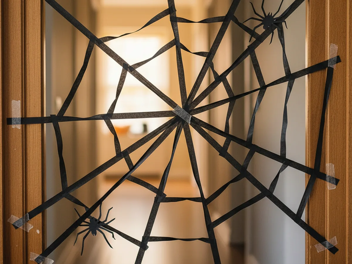 Handmade black crepe paper spider web stretched across a doorway with small paper spiders for Halloween