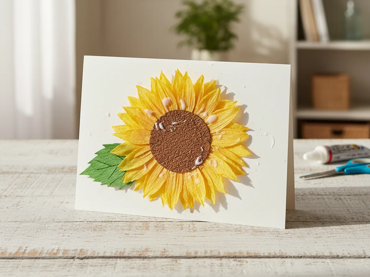 Handmade folded card with a yellow crepe paper sunflower and a brown cardstock center on a wooden table
