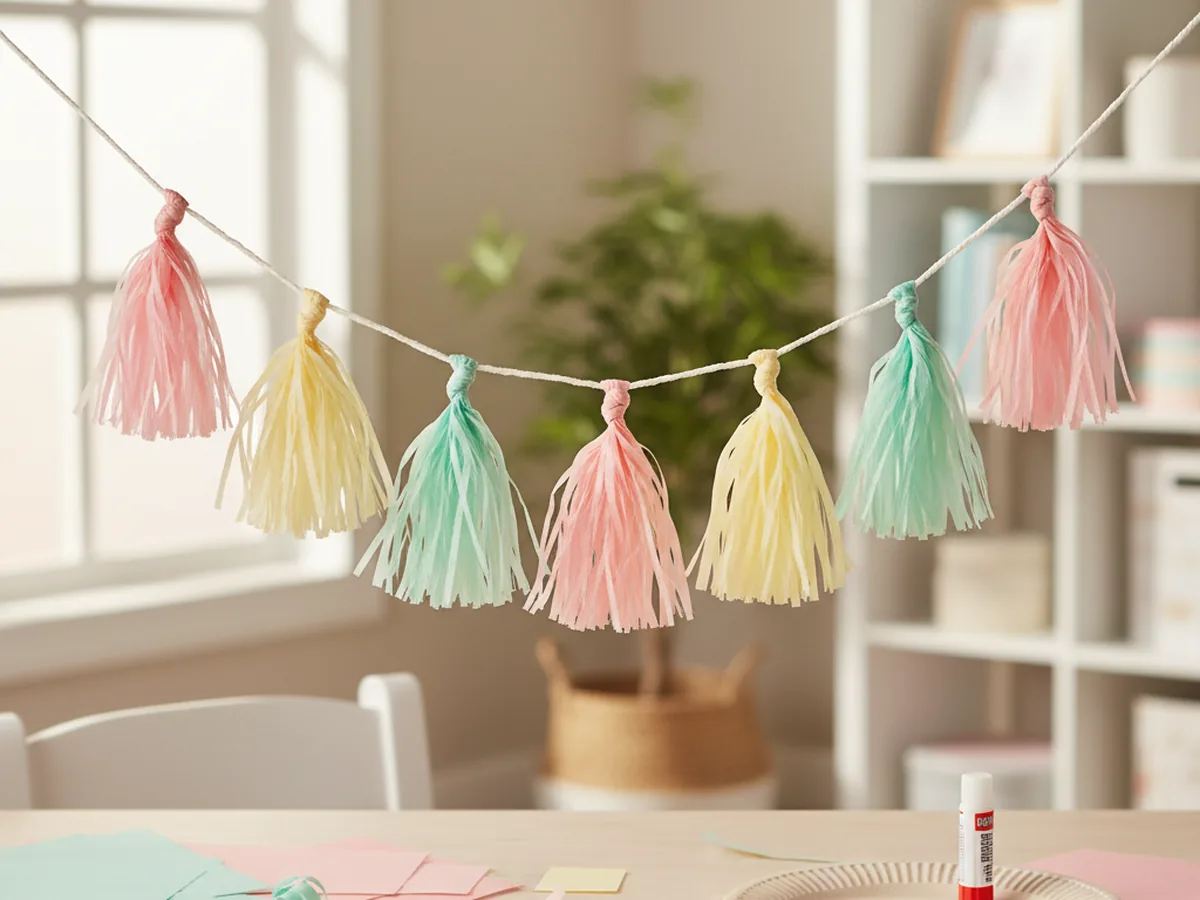 Handmade pastel crepe paper tassel garland in pink, mint, peach, and yellow strung above a craft table