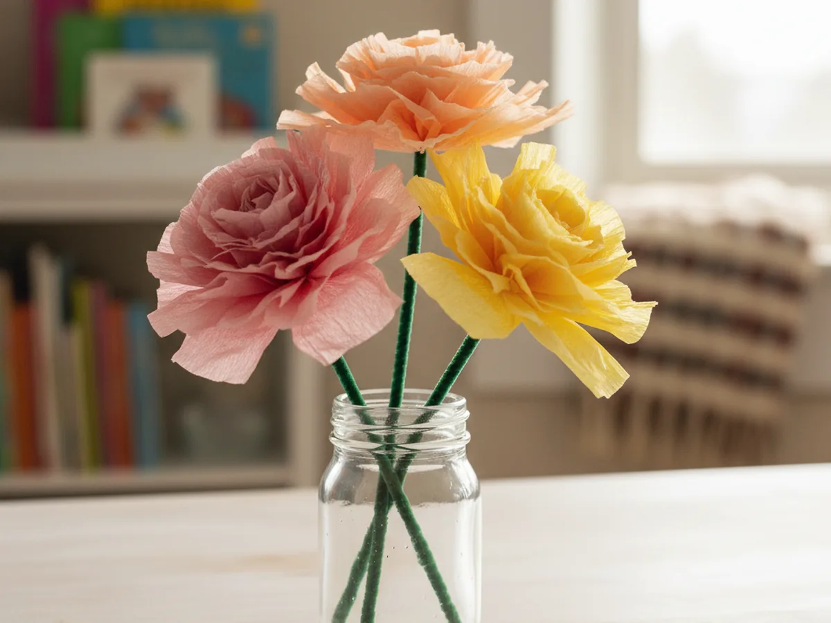 Handmade pink, peach, and yellow crepe paper tissue flowers in a small glass jar on a wooden table