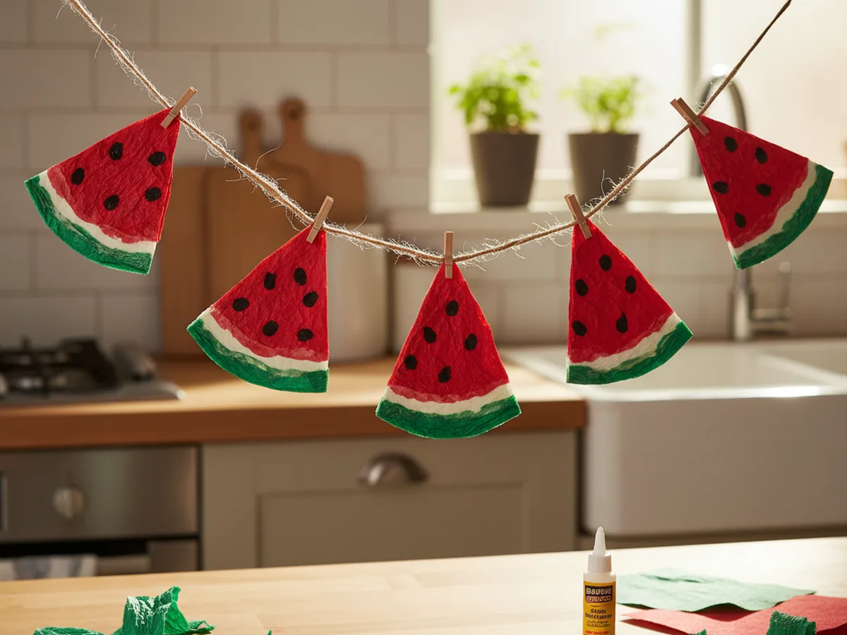 Handmade watermelon slice garland with green and red crepe paper slices and small black seed dots on twine