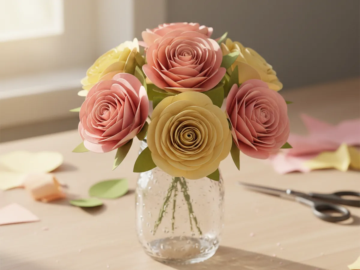 Handmade 3D paper rose bouquet in pink and peach cardstock with green leaves arranged in a small glass jar