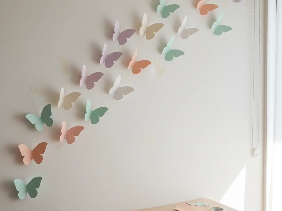 Pastel pink, lavender, and peach paper butterflies cut with a Cricut and arranged in flight on a white wall