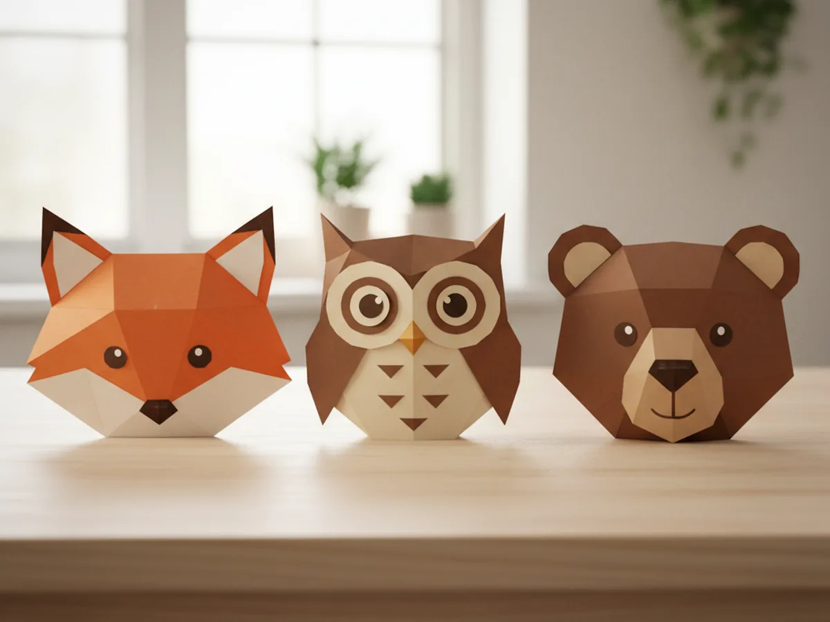 Three handmade geometric paper animal faces of a fox, an owl, and a bear cut from colorful cardstock
