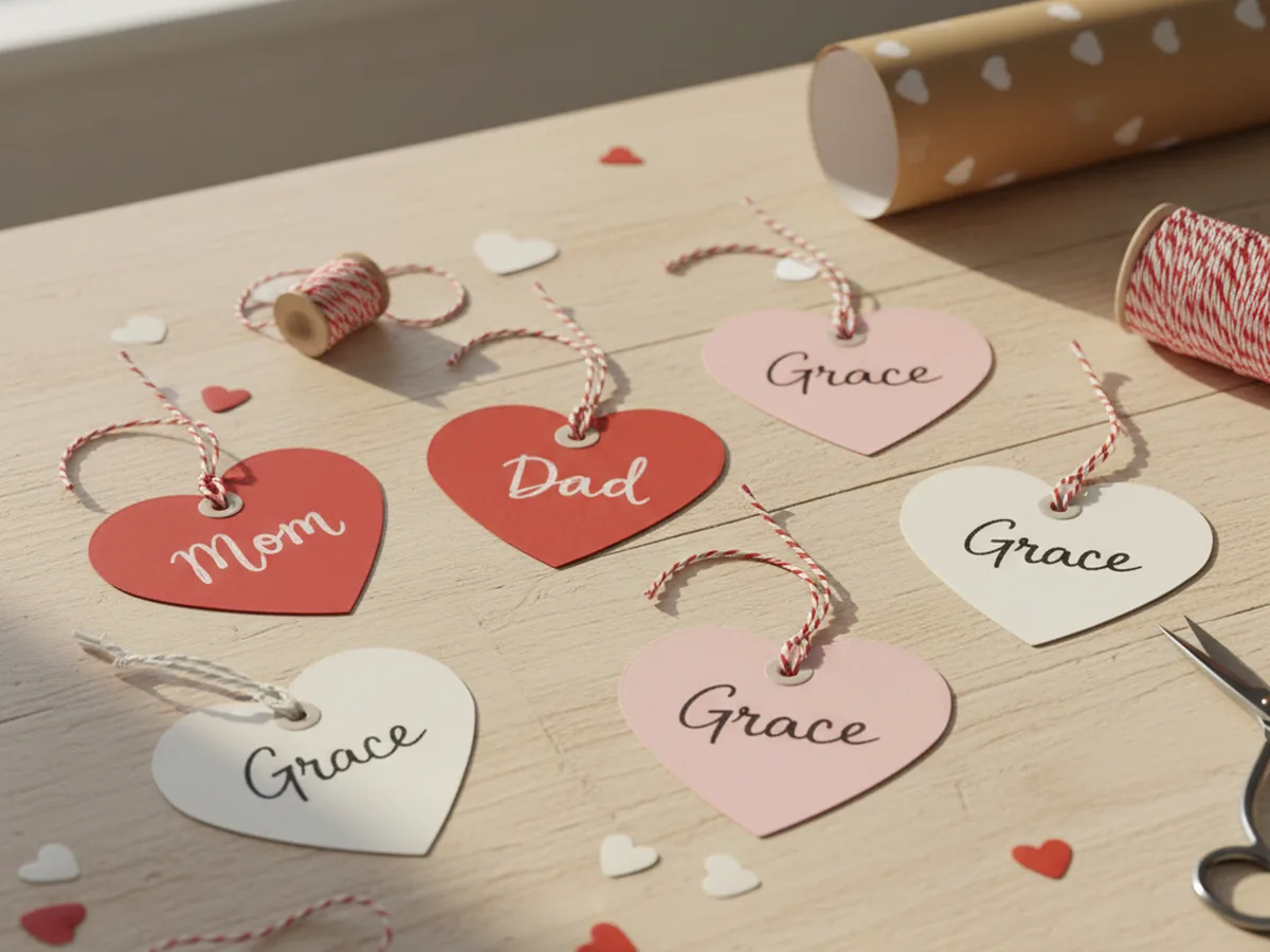 Handmade red, pink, and white heart-shaped paper gift tags cut with a Cricut and tied with twine
