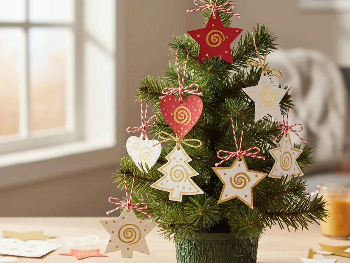 Handmade red, gold, and white paper holiday tree ornaments cut with a Cricut hanging on a small Christmas tree