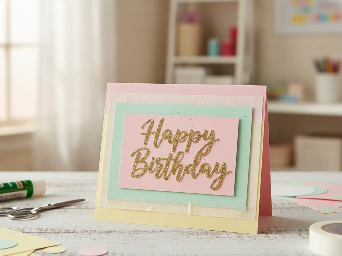Handmade layered 3D birthday card cut with a Cricut machine in pastel pink, mint, and yellow cardstock