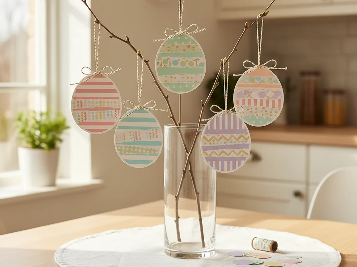Handmade layered paper Easter eggs in pastel cardstock with stripes and dots hanging from a small branch