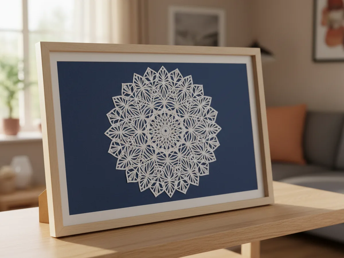 Handmade white paper mandala cut with a Cricut and mounted on a navy blue background in a wooden frame