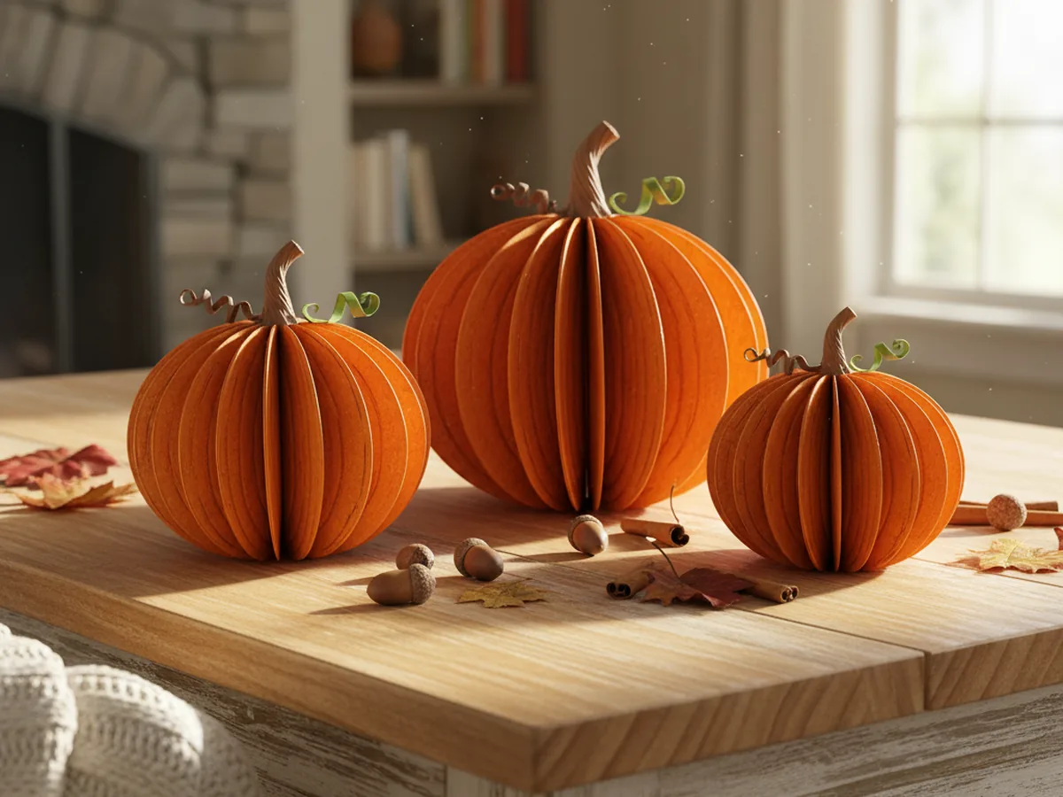 Three handmade mini paper pumpkins in orange cardstock with brown stems on a wooden fall table