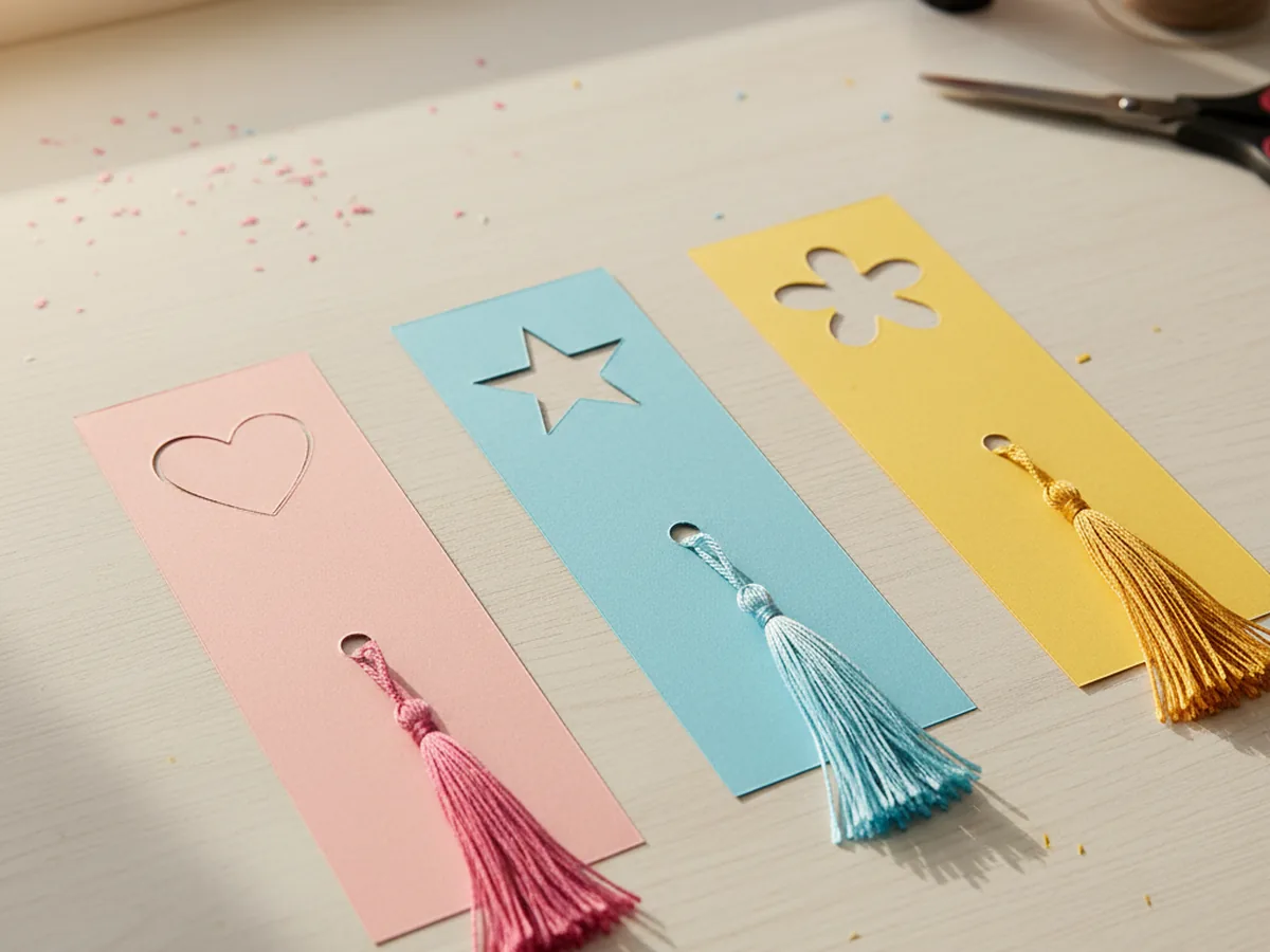 Handmade pink, blue, and yellow Cricut paper bookmarks with cutout heart, star, and flower designs and tassels