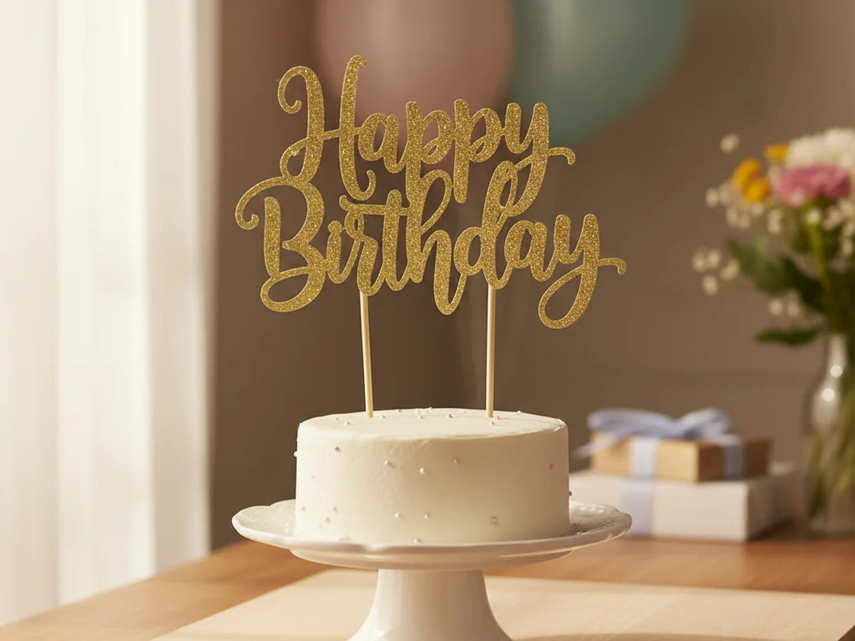 Handmade gold glittery Happy Birthday paper cake topper cut with a Cricut and stuck into a small frosted cake