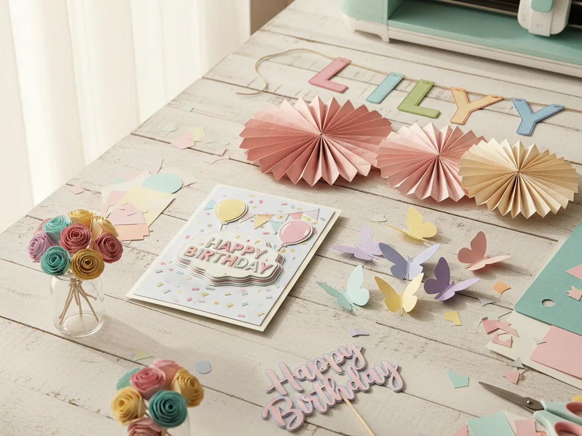 A bright spread of handmade Cricut paper crafts including layered cards, 3D flowers, name banners, and gift tags on a craft table