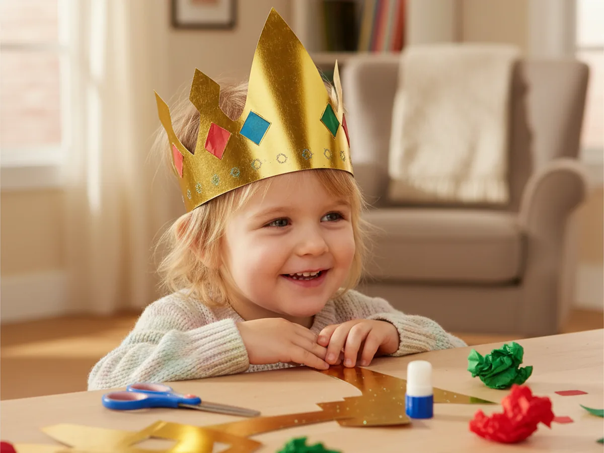 Handmade gold paper crown cut with a Cricut with colorful tissue paper jewels worn by a smiling child