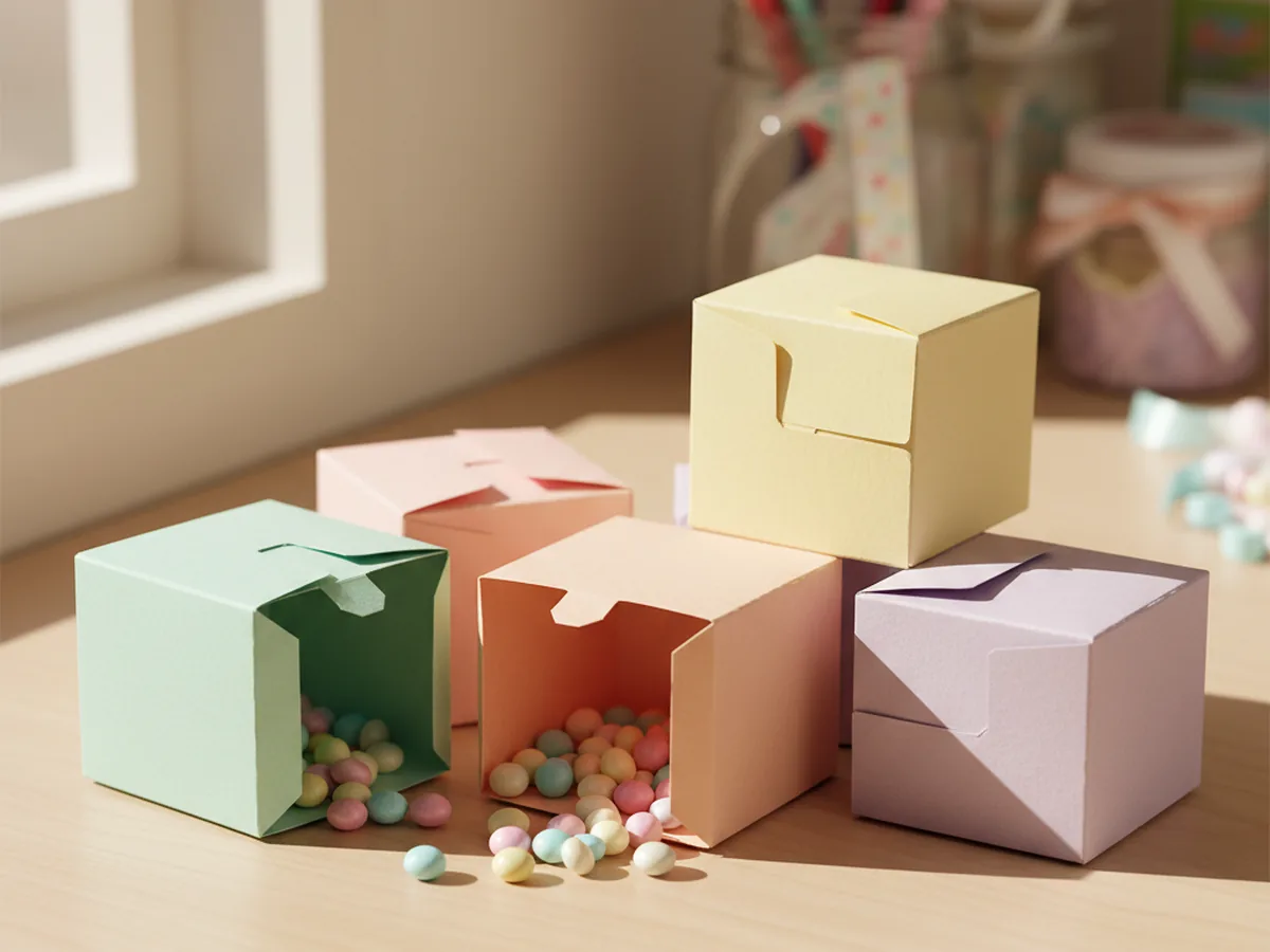 Five handmade mini cardstock favor boxes in pastel colors filled with candy on a wooden craft table