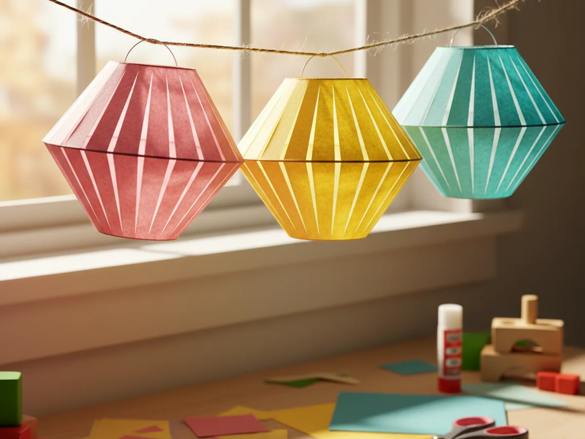 Three handmade paper lanterns in pink, yellow, and turquoise cardstock cut with a Cricut and hung from string