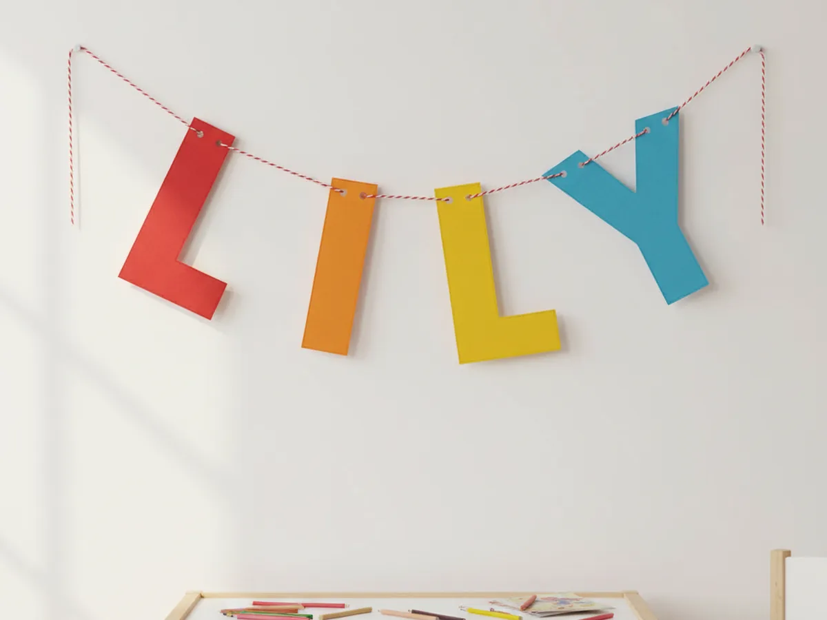 Handmade Cricut paper name banner with rainbow cardstock letters strung together with baker's twine