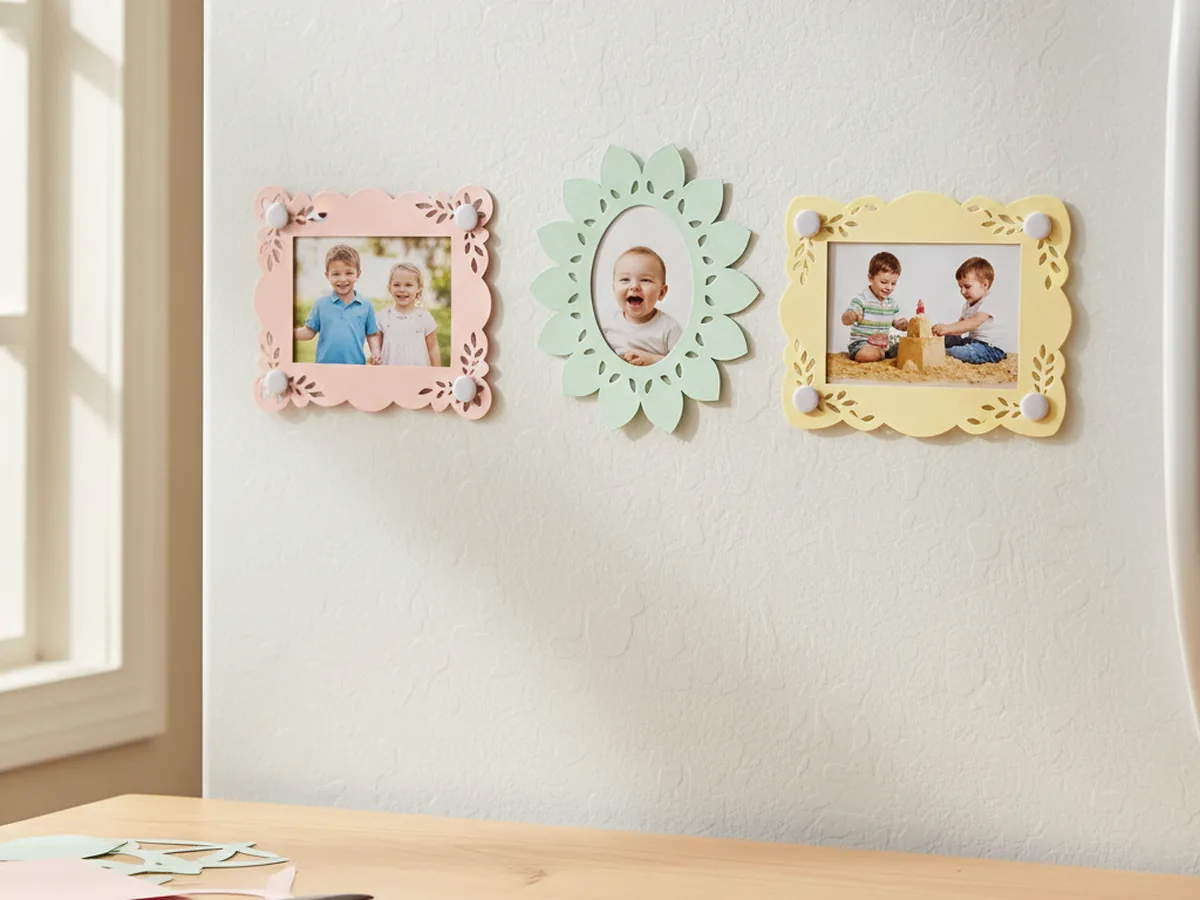 Handmade decorative paper photo frames cut with a Cricut machine displaying small family photos on a fridge