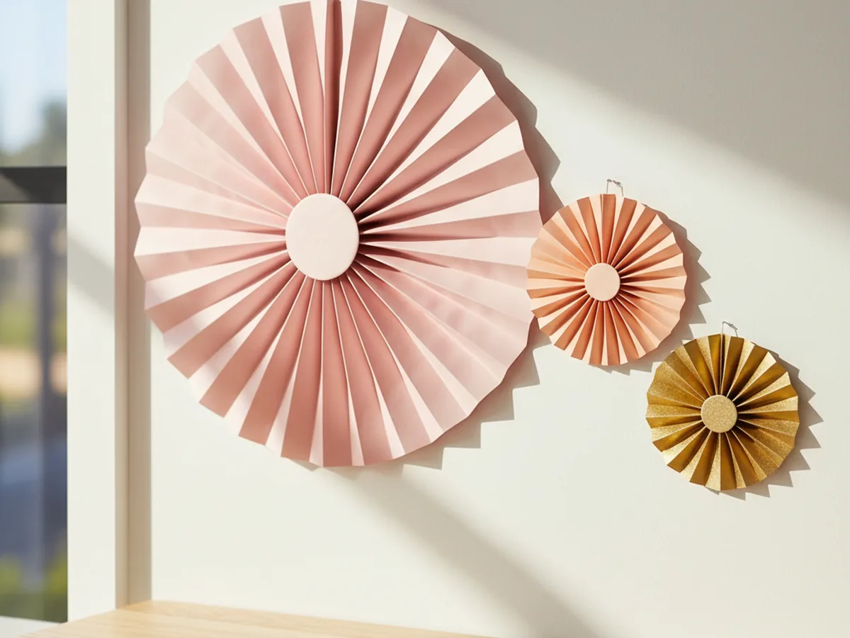 Three handmade Cricut paper rosettes in pink, peach, and gold cardstock arranged on a white wall