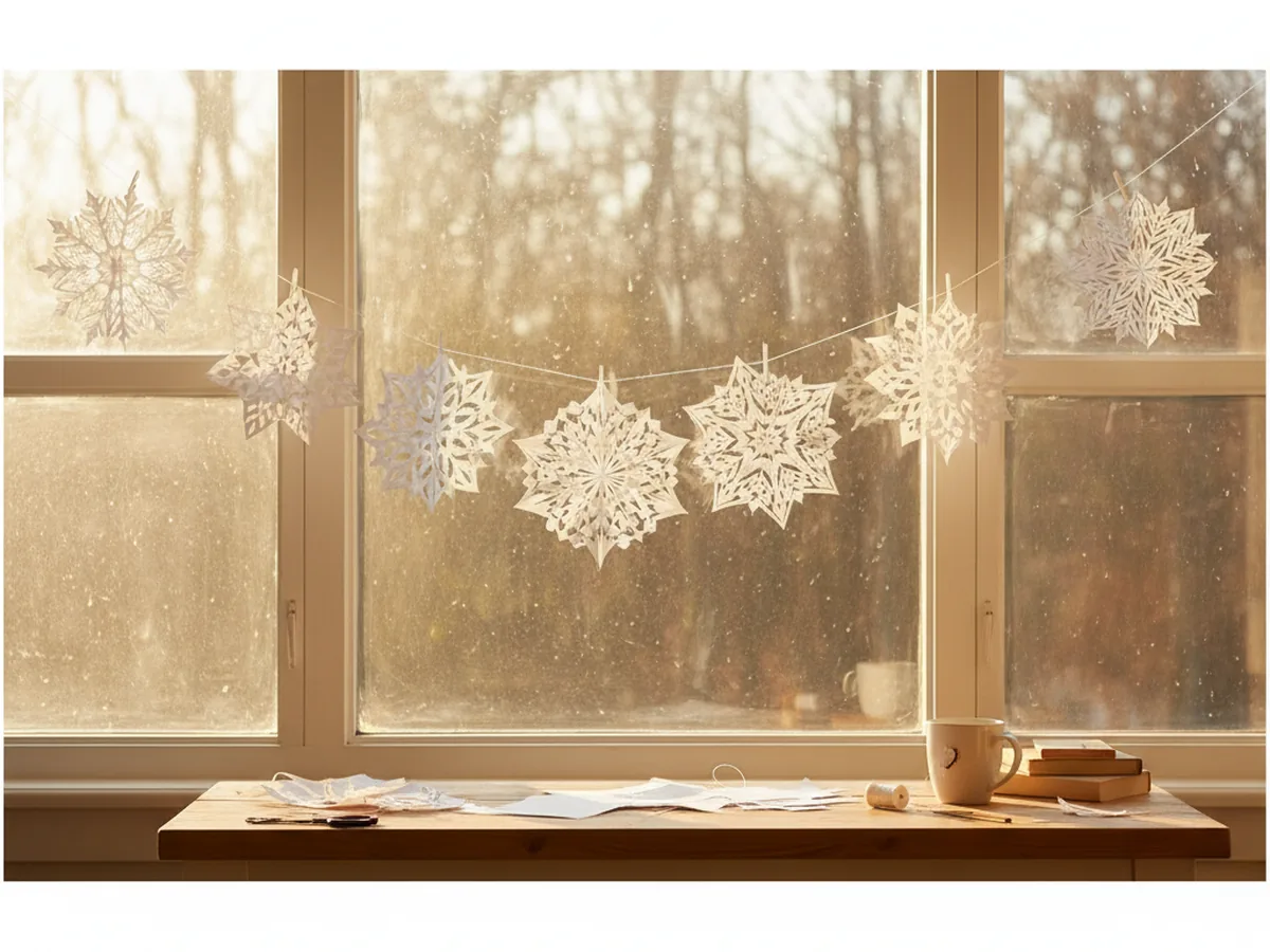Handmade white paper snowflake garland cut with a Cricut and hung across a sunny window