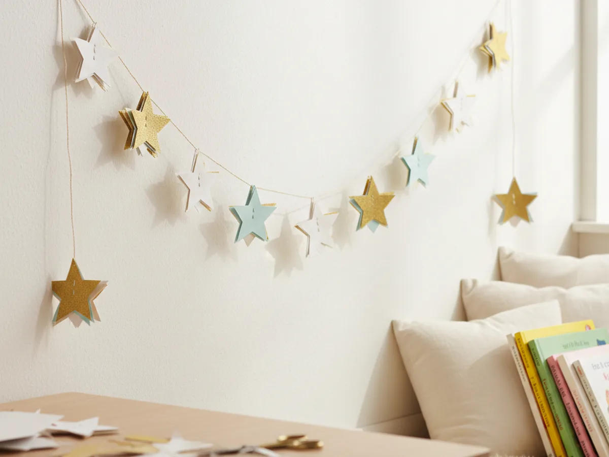 Handmade paper star garland in white, gold, and pale blue cardstock cut with a Cricut hanging on a wall