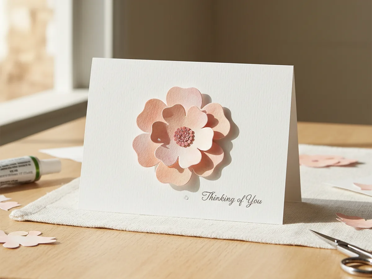 Handmade greeting card with a layered watercolor paper flower in pink and peach cut with a Cricut machine