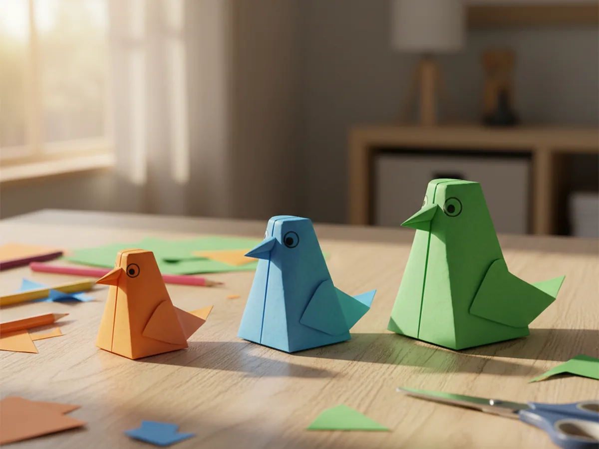Several handmade paper birds folded from colorful square paper in different colors on a wooden table