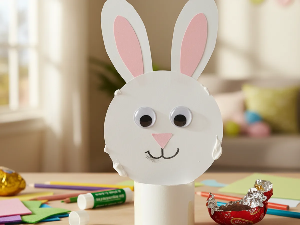 A handmade paper bunny with big oval ears, pink inner ears, and googly eyes standing on a craft table