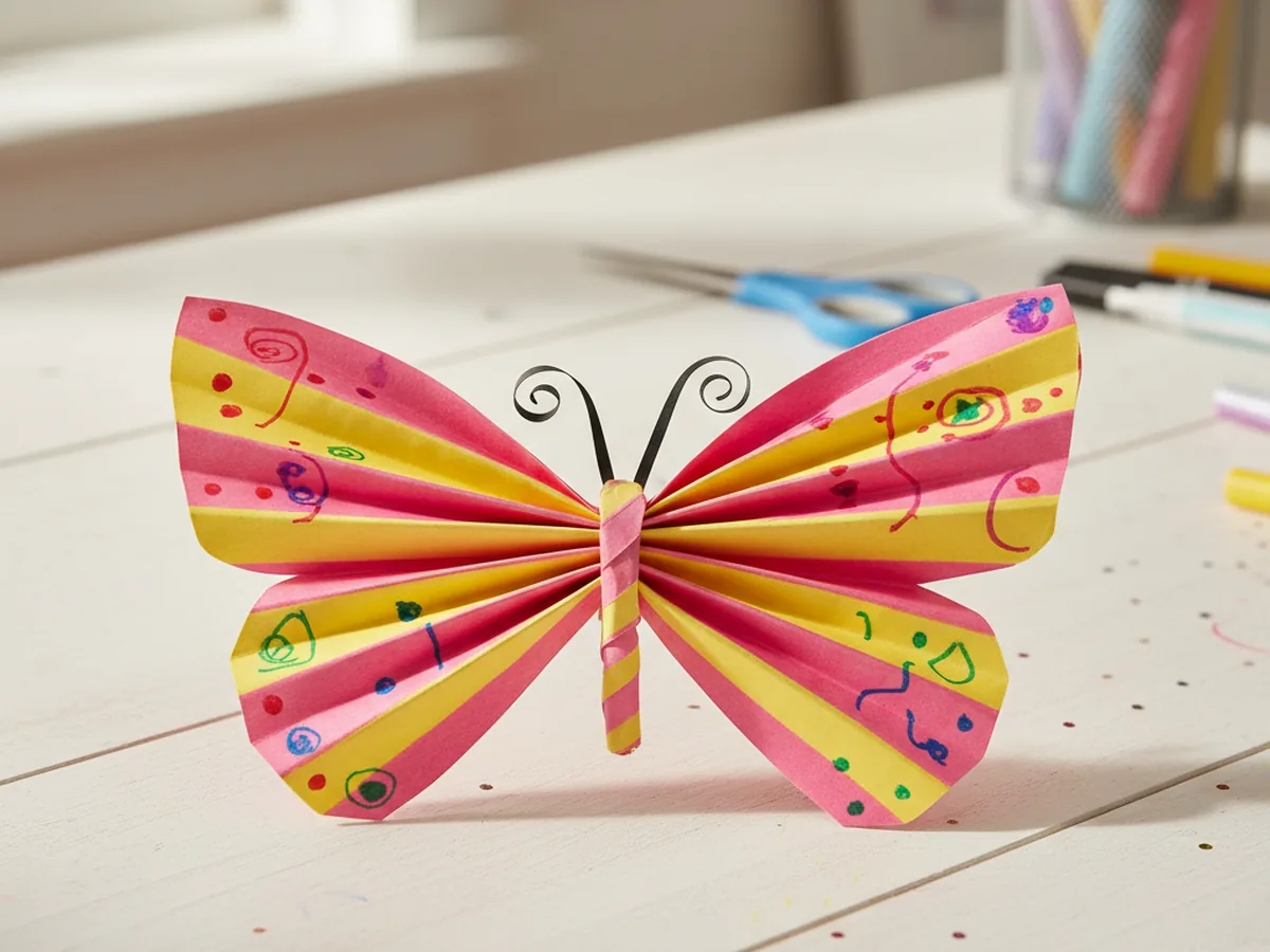 A handmade paper butterfly made from accordion-folded colorful construction paper on a craft table