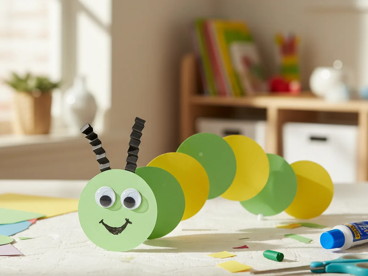 A handmade paper caterpillar made from alternating colored paper circles with googly eyes and a smile