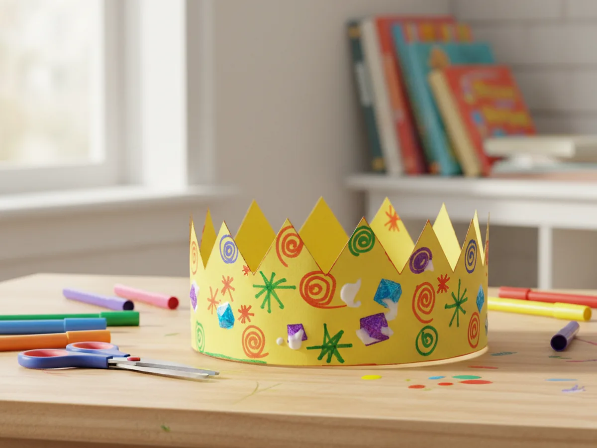 A handmade colorful paper crown decorated with markers and paper gems sitting on a craft table