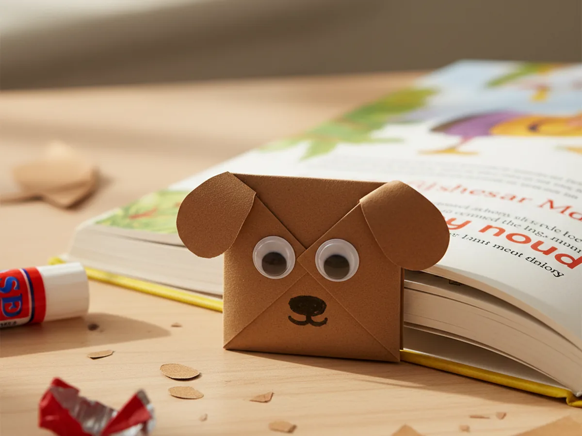 A handmade paper dog face corner bookmark with googly eyes and drawn-on floppy ears sitting on an open book