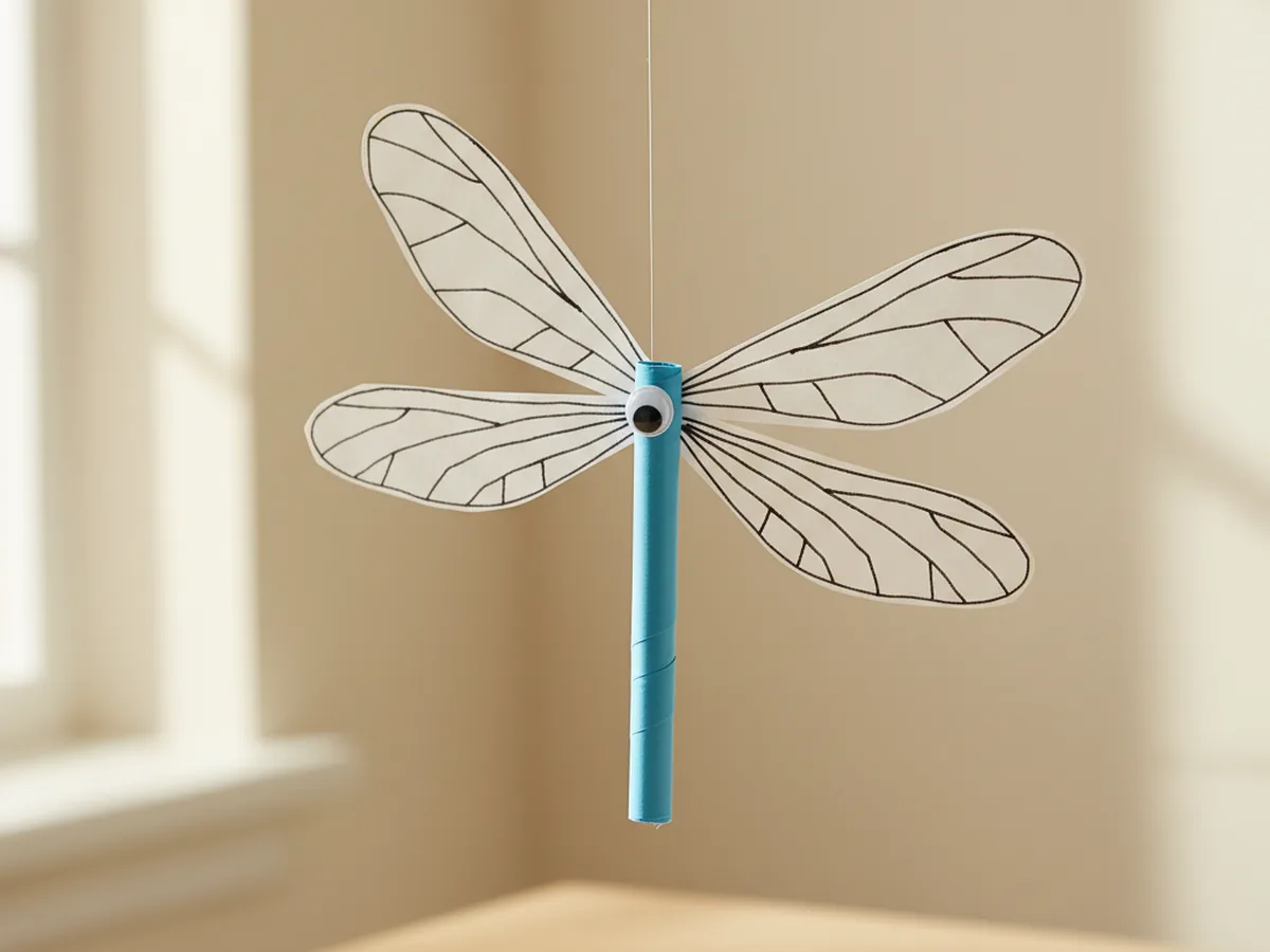 A handmade paper dragonfly with a rolled green body and four large light-colored paper wings on a craft table