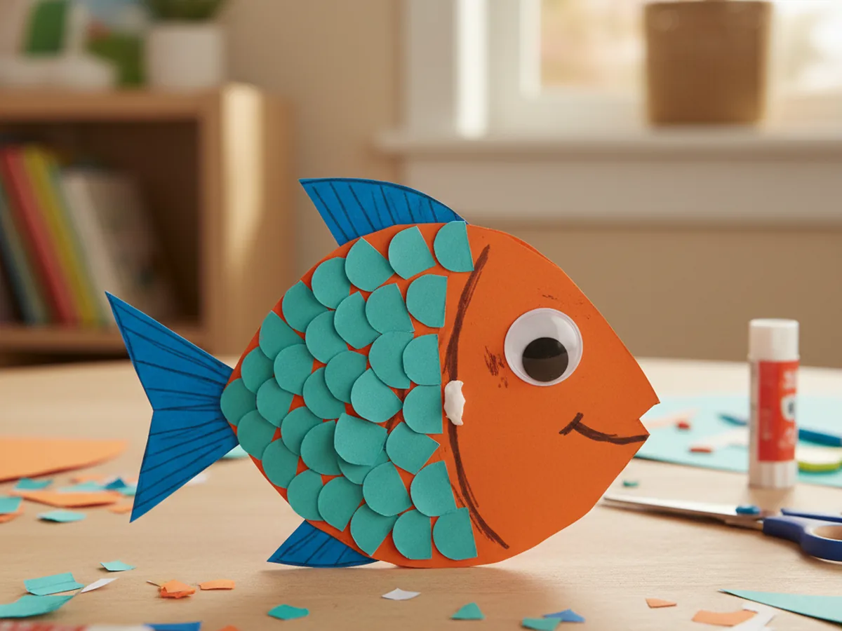 A colorful handmade paper fish with layered paper scales, a triangle tail, and a googly eye on a blue craft table