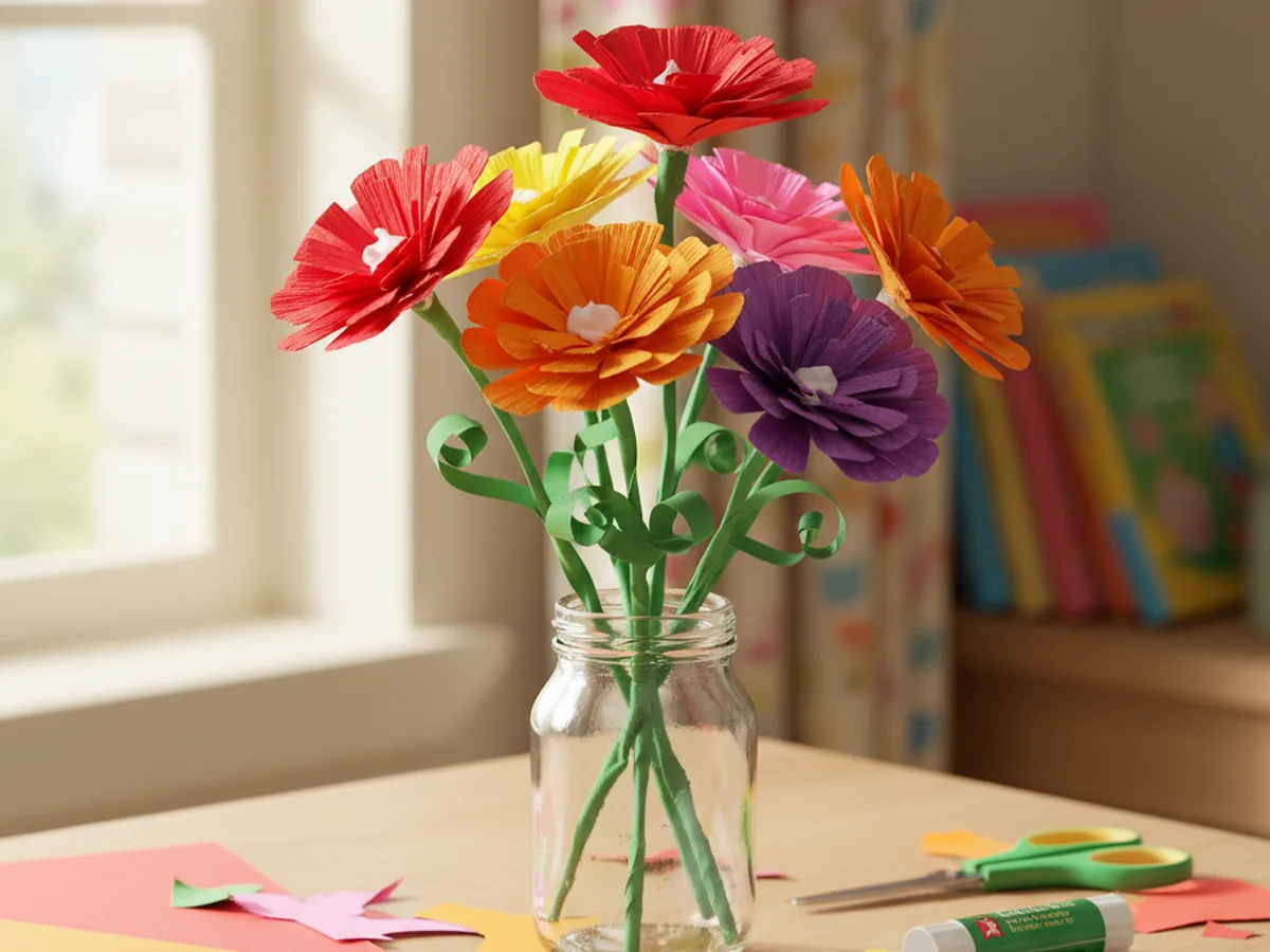 A handmade paper flower bouquet with colorful construction paper petals and green paper stems