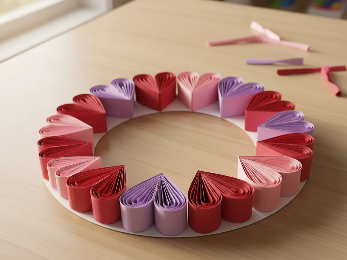 A handmade paper heart wreath made from pink and red paper heart shapes arranged in a circle