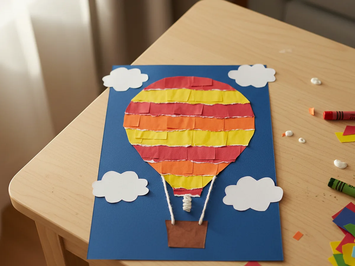 A handmade paper hot air balloon scene with a striped paper balloon, a small basket, and white paper clouds on a blue background