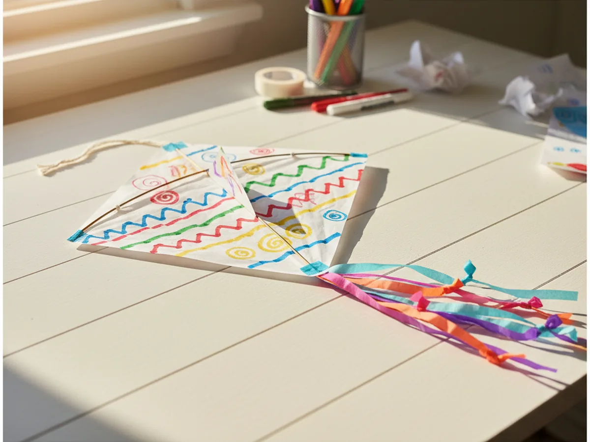A handmade paper kite in bright colors with a paper strip tail and string on a sunny craft table