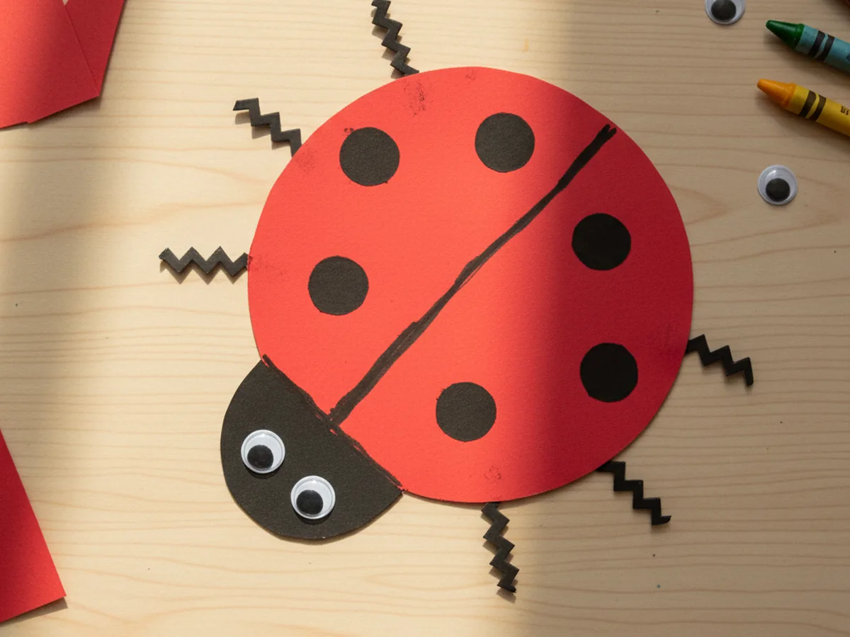 A handmade paper ladybug made from a red circle body with black spots, googly eyes, and accordion-folded paper legs