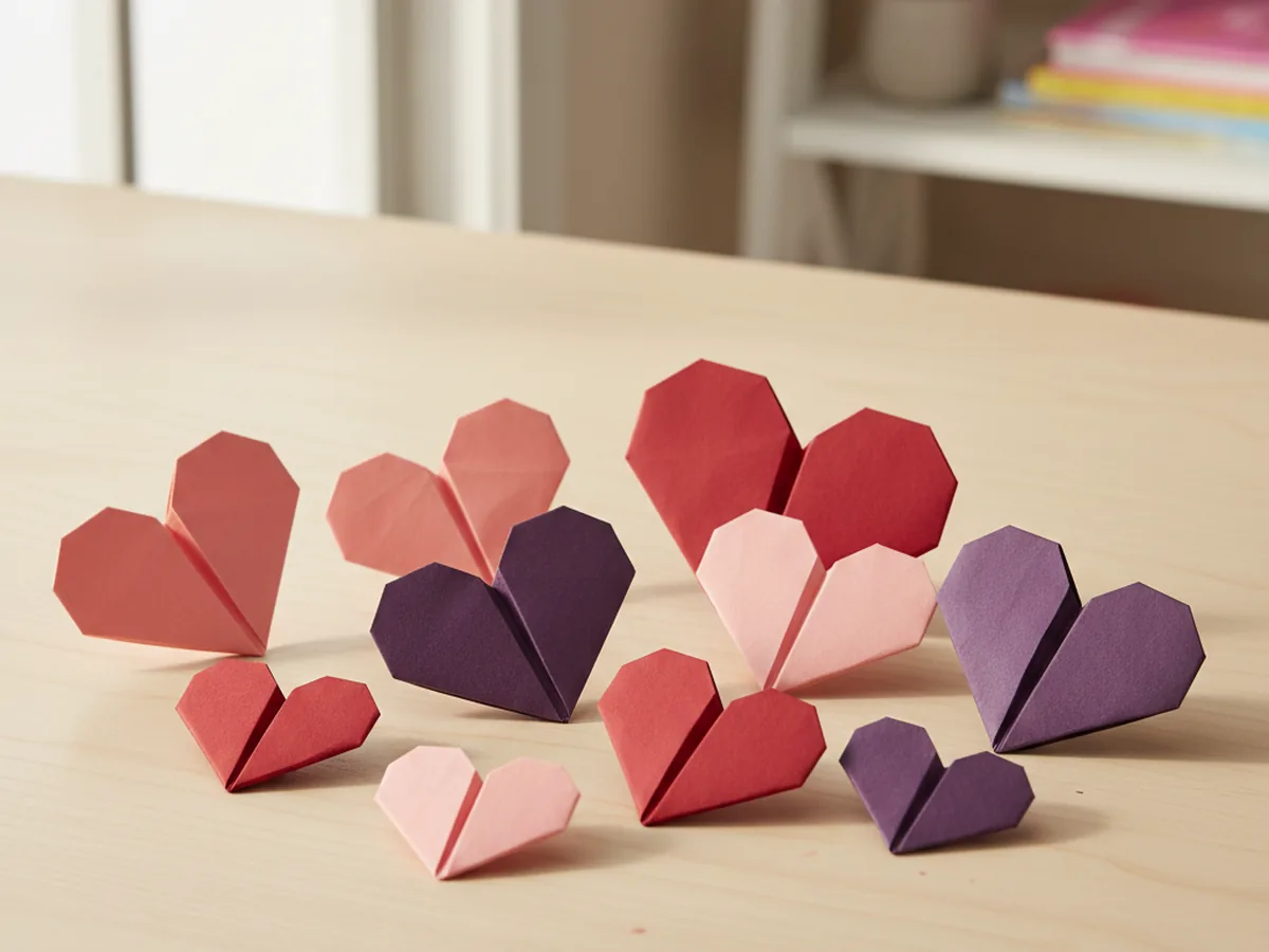 A collection of handmade origami paper hearts in pink, red, and purple arranged on a light wood surface