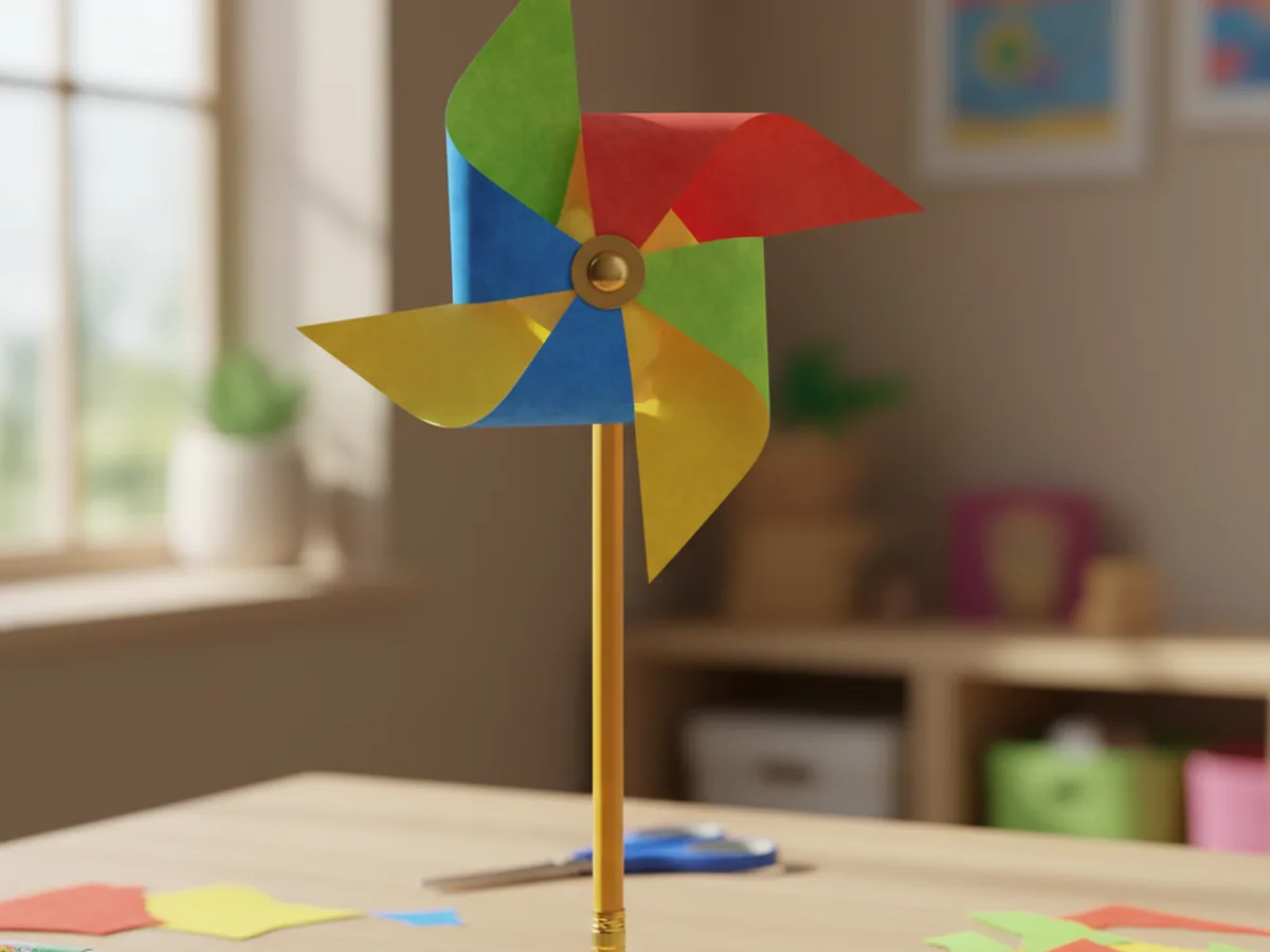 A handmade paper pinwheel in bright colors mounted on a pencil stick on a sunny craft table