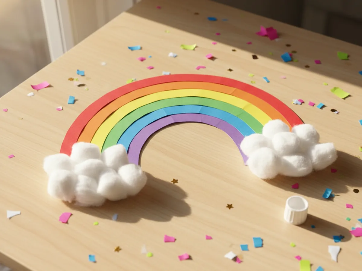 A handmade paper rainbow made from layered colored construction paper arcs with white cotton cloud tufts at each end