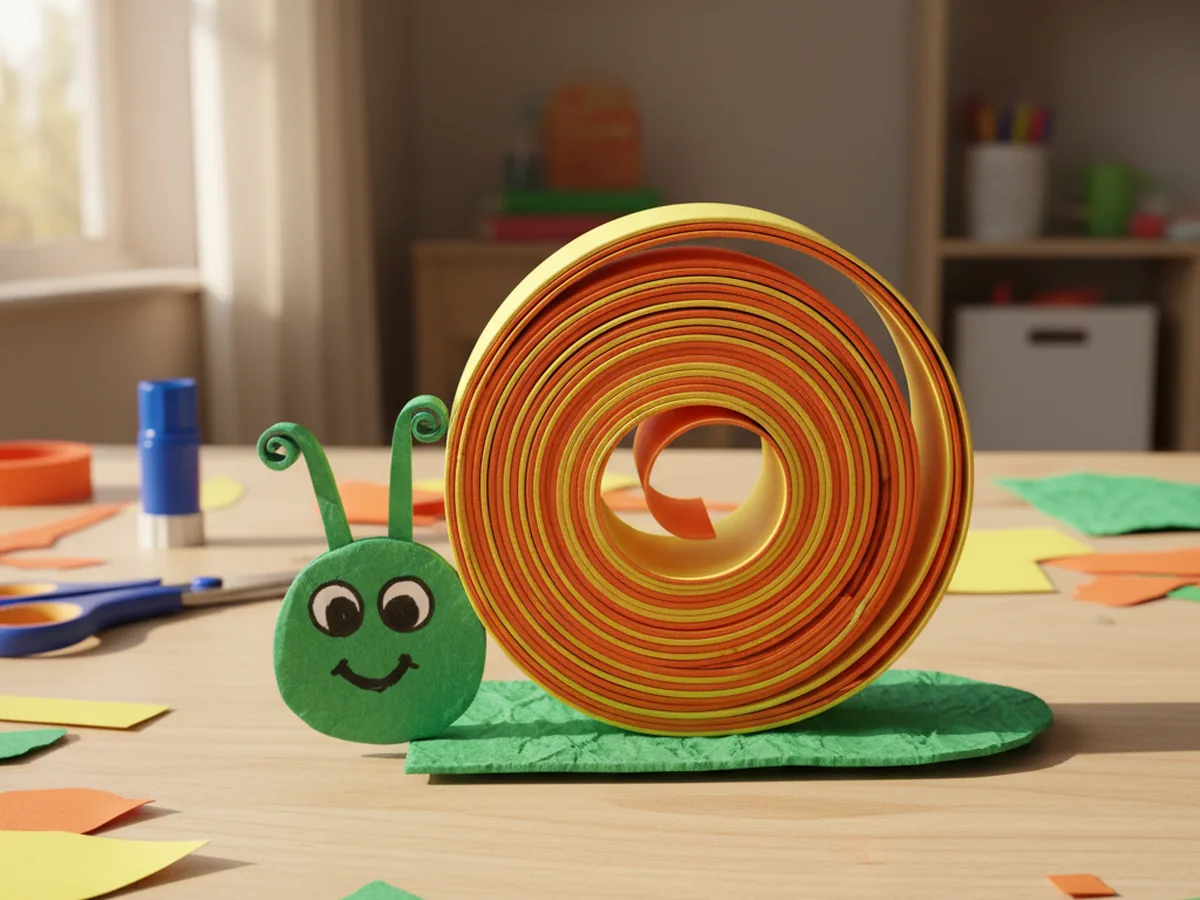 A handmade paper snail with a tightly rolled spiral shell and a rectangular body with drawn-on eyes