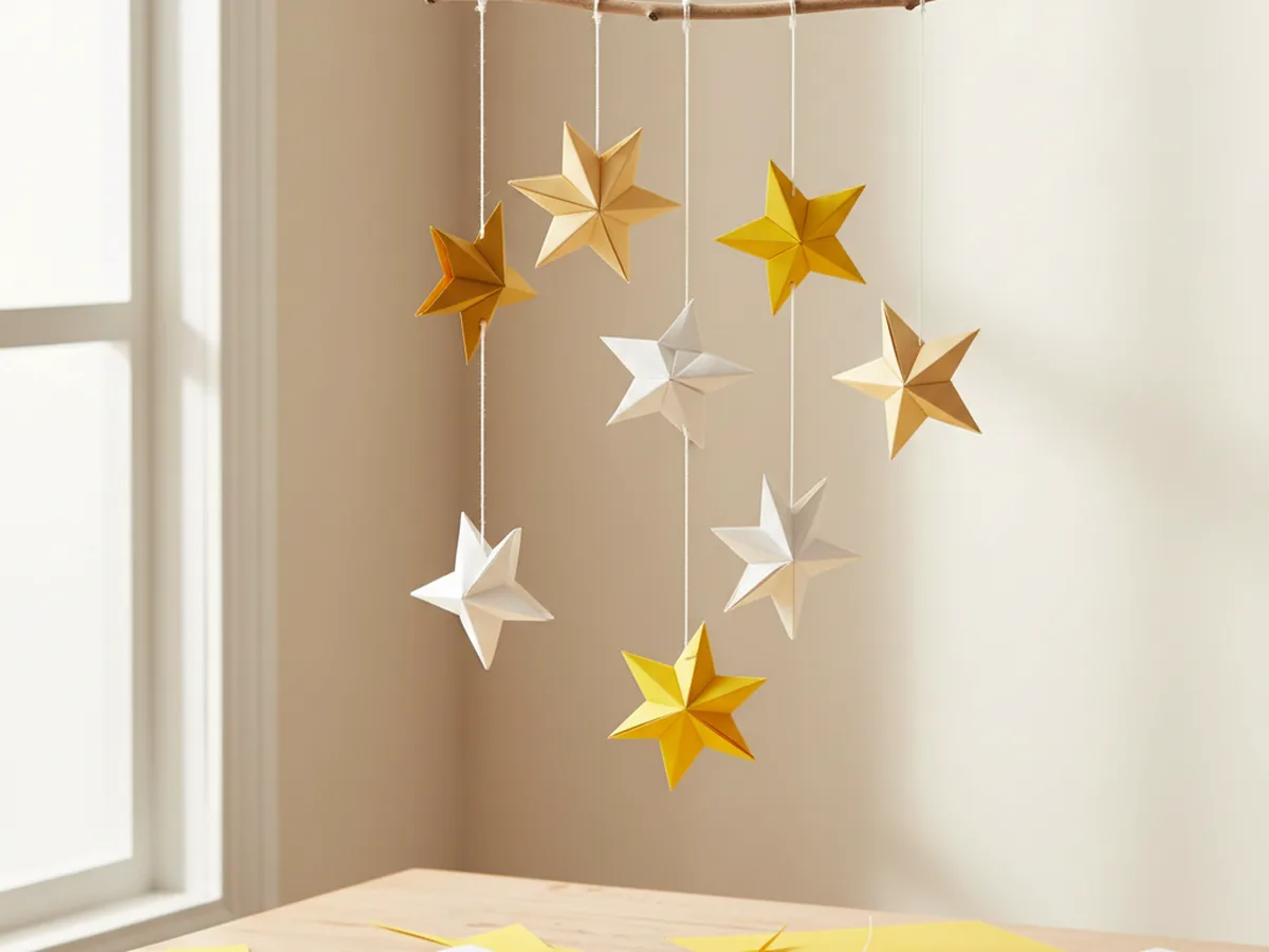A handmade paper star mobile with folded paper stars in gold and yellow hanging from strings on a small wooden twig