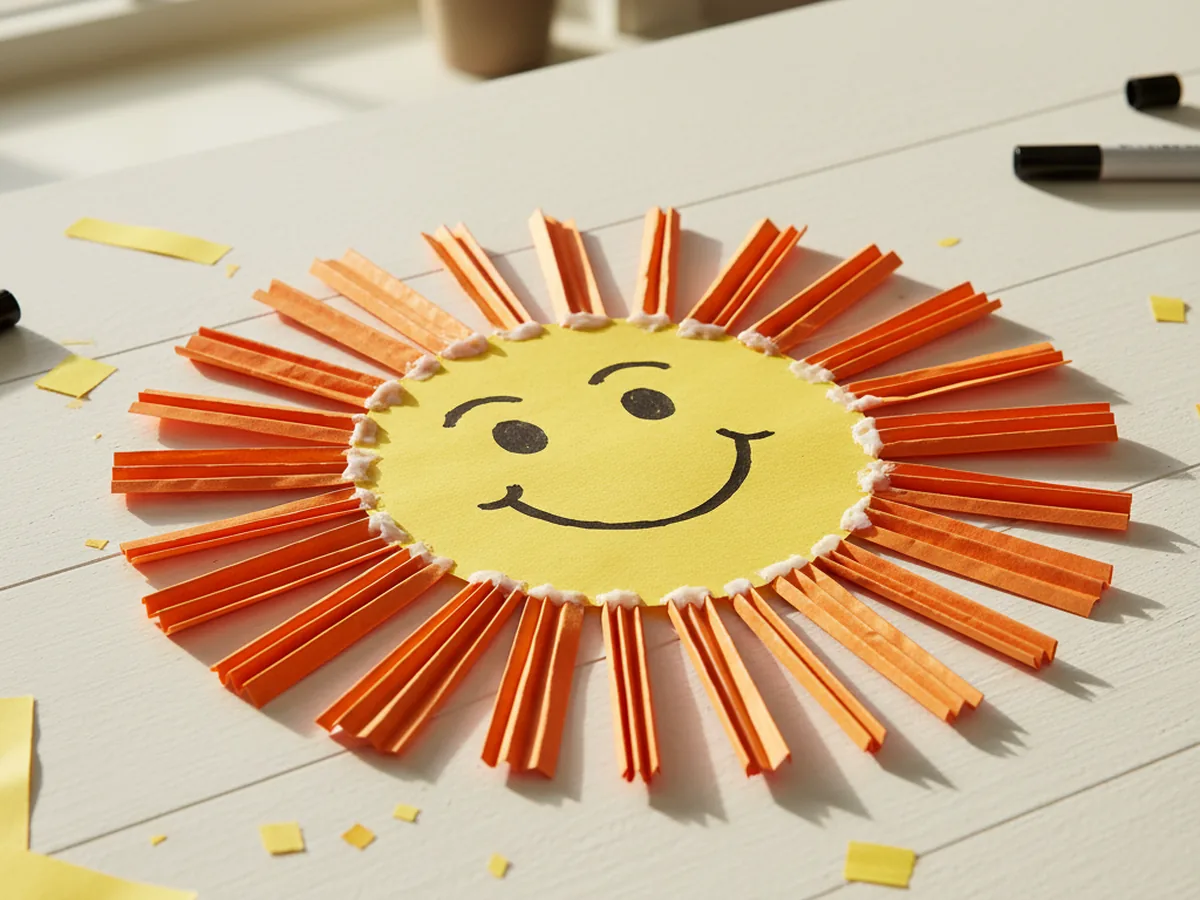 A handmade paper sun with a large yellow circle and accordion-folded orange paper rays and a drawn happy face