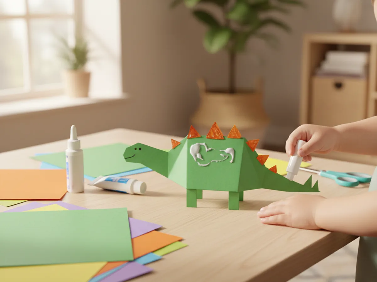 A child gluing four small green paper rectangle legs to the underside of a green dinosaur body with orange spikes