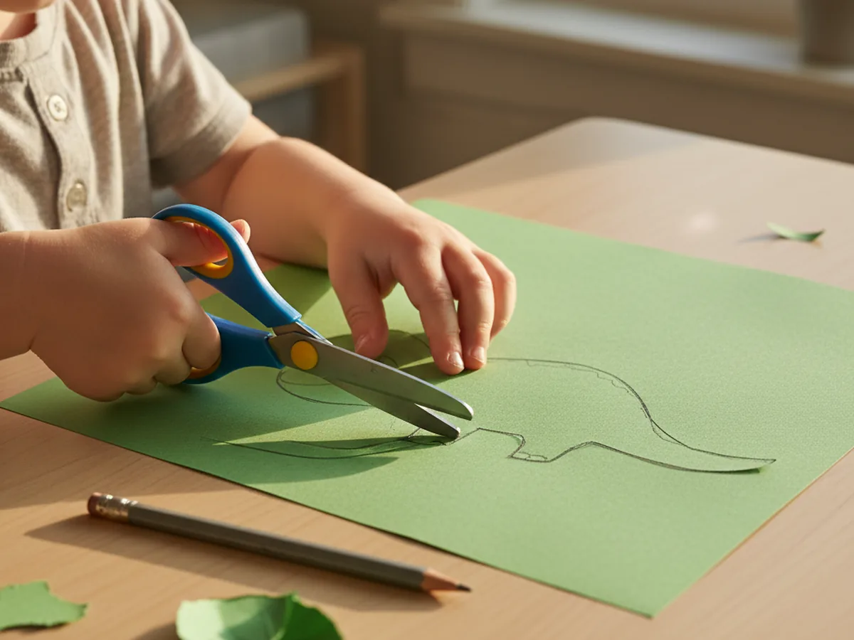 A child's hands using safety scissors to cut a peanut-shaped green construction paper body for a dinosaur paper craft