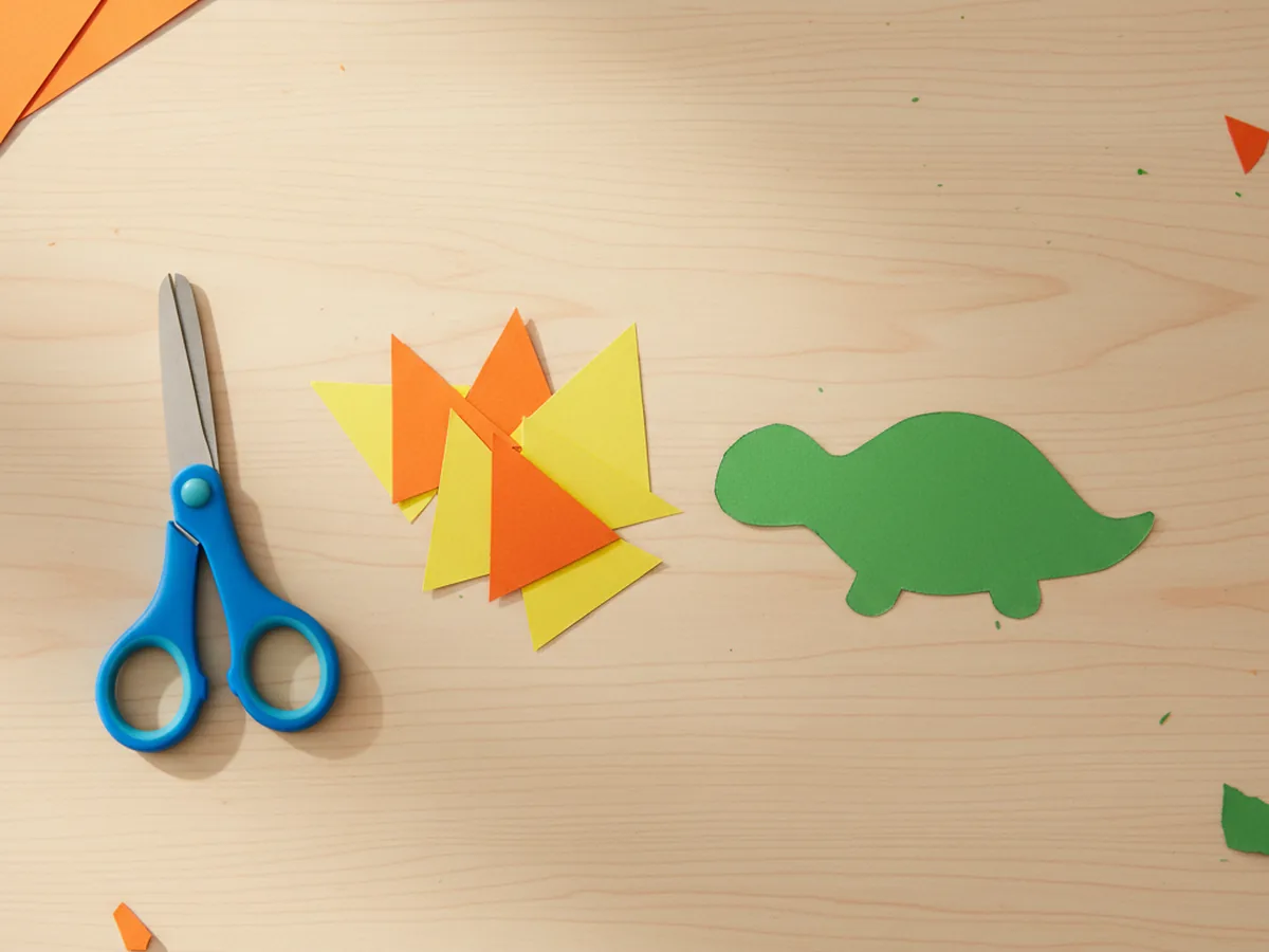 Six orange and yellow paper triangle spikes freshly cut and arranged in a small pile next to a green dinosaur body shape on a craft table