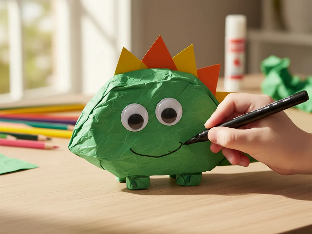 A child using a black marker to draw a curved smile on a green dinosaur paper craft with googly eyes and orange triangle spikes